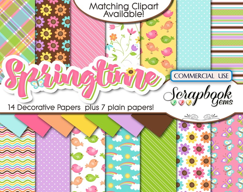 SPRINGTIME 2 Clipart & Papers Kit, 31 png Clipart files, 21 jpeg Paper files, Instant Download spring easter ladybuy garden yard butterfly image 2