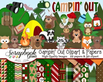 Campin' Out! Clipart & Papers Kit, 30 PNG Clipart files, 22 JPEG Paper files, Instant Download woodland animals tent beaver fox racoon fire