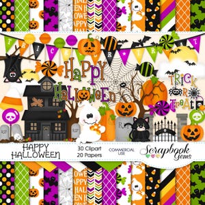 HAPPY HALLOWEEN Clipart & Papers Kit, 30 png Clipart files, 20 jpeg Paper files, Instant Download, ghost, pumpkin, haunted house, halloween