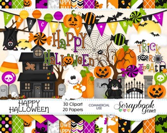 HAPPY HALLOWEEN Clipart & Papers Kit, 30 png Clipart files, 20 jpeg Paper files, Instant Download, ghost, pumpkin, haunted house, halloween