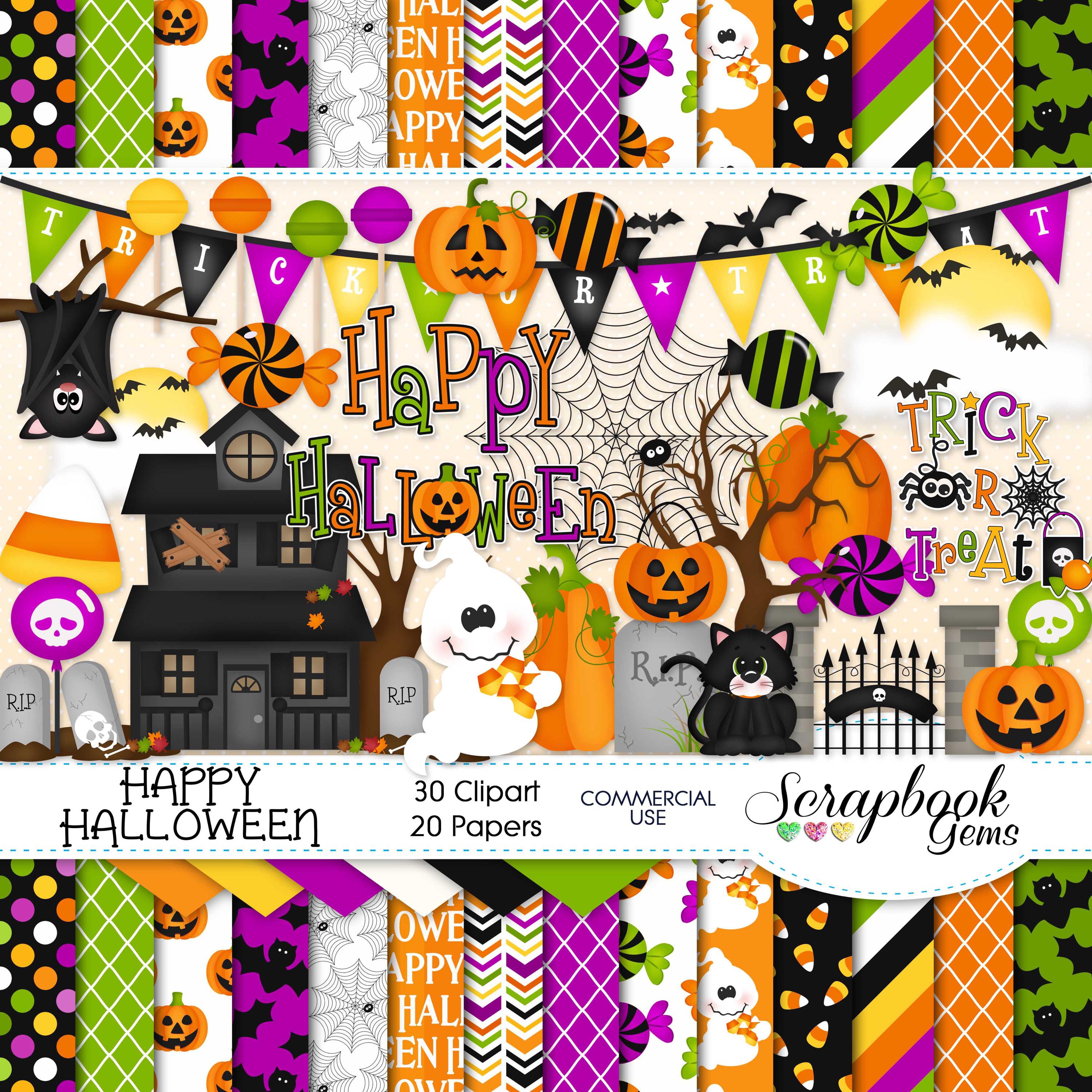 HAPPY HALLOWEEN Clipart & Papers Kit, 30 png Clipart files, 20 jpeg Paper files, Instant Download, ghost, pumpkin, haunted house, halloween