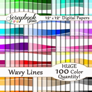 May include: A set of 100 digital papers featuring wavy lines in various colors. The papers are 12 inches by 12 inches and are perfect for scrapbooking, card making, and other crafting projects.