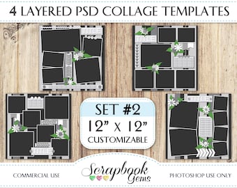 Four 12" x 12" Set 2 Digital Scrapbook Layered Photo Templates, PSD Format digiscrap photoshop customizable photo collage
