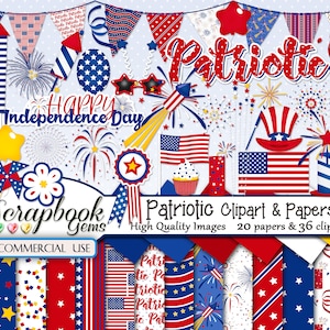 PATRIOTIC クリップアート & ペーパー キット、36 個の png クリップアート ファイル、20 個の jpeg ペーパー ファイル、即時ダウンロード、独立記念日、7 月 4 日、花火、アメリカ