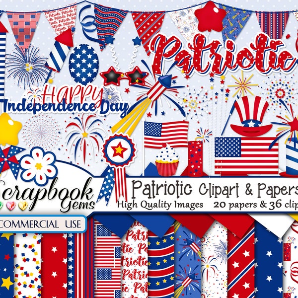 PATRIOTIC Clipart & Papers Kit, 36 png Clipart files, 20 jpeg Paper files, Instant Download independence day, july 4th, fireworks, american