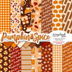 PUMPKIN SPICE Digital Papers, 21 Pieces, 12" x 12", High Quality JPEGs, Instant Download, autumn, leaves, espresso, plaid, fall, acorn, leaf