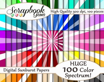 100 Colors Sunbursts Digital Paper, 100 Pieces, 12" x 12", 300 dpi High Quality JPEG files, Instant Download