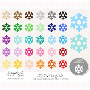 May include: A set of 30 colorful snowflake clip art images, plus one white snowflake. The snowflakes are all the same design, but in different colors. The text "SNOWFLAKES" and "30 Colored Clipart, plus 1 White" is at the bottom of the image.