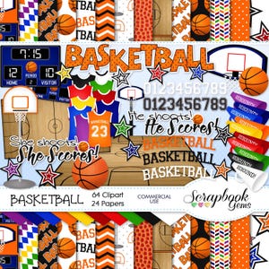 Kit de clipart e papéis de BASQUETEBOL, 64 png Clip Arts, 24 jpeg Papers Download instantâneo esporte aro tabela pontuação jersey quadra net basquete bola