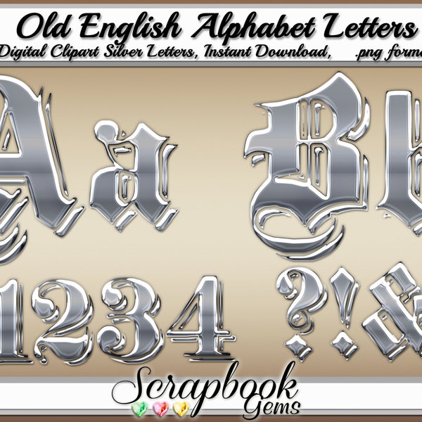 Old English Silver Letters & Numbers Digital Clipart, 68 High Quality PNG files, Instant Download