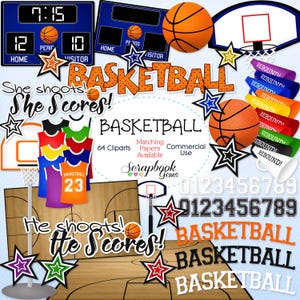 Clipart de basket-ball, 64 fichiers png téléchargement immédiat sports basket-ball net tableau de bord cerceau court maillot numéros étoiles mégaphone