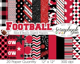 Football Digital Papers Red & Black, 20 Pieces, 12" x 12", High Quality JPEG files, Instant Download Commercial Use Sports Glitter