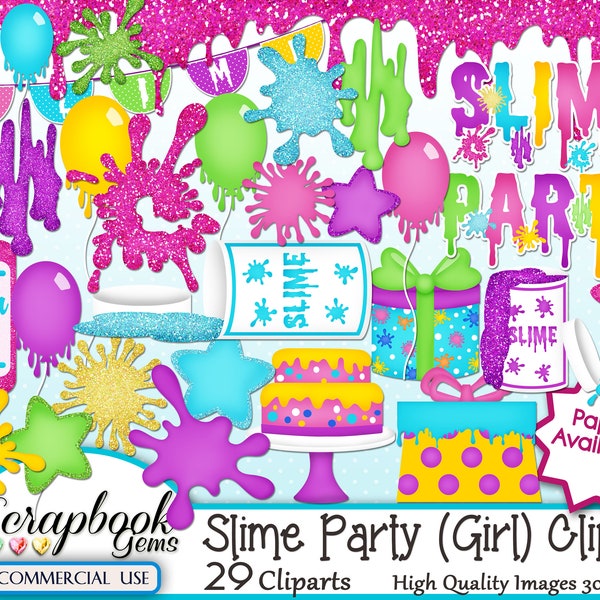 SLIME PARTY (Girl) Clipart, 29 png Clipart files, Instant Download, birthday party, goo, gooey, slimy, grossology, glitter slime, splatter