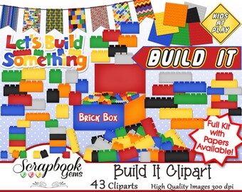 BUILD IT Clipart, 43 png Clipart files Instant Download building blocks bricks toys banner playing play time kids children boys toy box