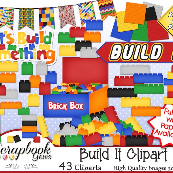 BUILD IT Clipart, 43 png Clipart files Instant Download building blocks bricks toys banner playing play time kids children boys toy box
