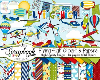 FLYING HIGH Clipart and Papers Kit, 28 png Clip Arts, 22 jpeg Papers Instant Download airplane helicopter hot air balloon jet rocket blimp