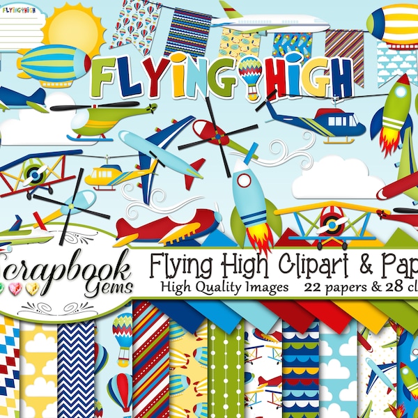 FLYING HIGH Clipart and Papers Kit, 28 png Clip Arts, 22 jpeg Papers Instant Download airplane helicopter hot air balloon jet rocket blimp