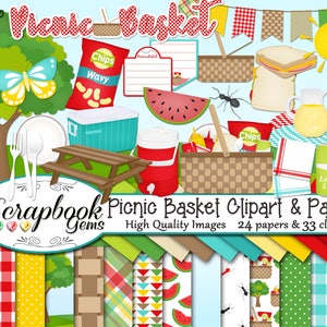 PICKNICK MAND Clipart en Papieren Kit, 33 png Clip Arts, 24 jpeg Papers Instant Download watermeloen sandwich aardbei tafel boom ketchup