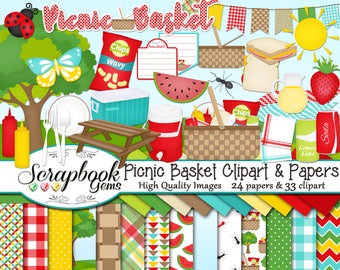 May include: A digital scrapbook paper pack with a picnic theme. The pack includes 24 papers and 33 clipart images. The papers feature a variety of patterns, including gingham, polka dots, stripes, and watermelon slices. The clipart images include a picnic basket, a picnic blanket, a cooler, a plate, a fork, a spoon, a sandwich, a bottle of lemonade, a can of soda, a bag of chips, a watermelon slice, a butterfly, a ladybug, an ant, and a sun.
