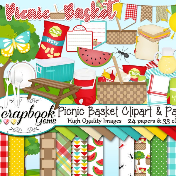 PICNIC BASKET Clipart and Papers Kit, 33 png Clip Arts, 24 jpeg Papers Instant Download watermelon sandwich strawberry table tree ketchup