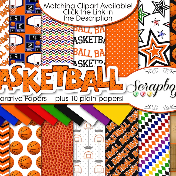 BASKETBALL Digital Papers, 24 Pieces, 12" x 12", High Quality JPEGs Instant Download scoreboard hoop court basket ball net sports