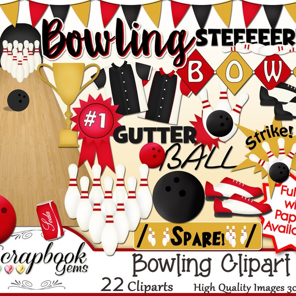 BOWLING Clipart, 22 png Clipart files Instant Download bowling ball bowling alley bowling lanes soda strike spare butter flag banner pins