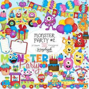 Kit de fiesta de monstruos n.° 2, imágenes prediseñadas, 27 archivos PNG, descarga instantánea, globos, pastel, regalo, helado, tren, autobús, fiesta de cumpleaños de monstruos