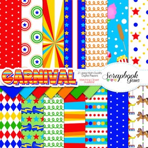 Papéis digitais CARNIVAL, 21 peças, 12" x 12", JPEGs de alta qualidade, download instantâneo Álbum de recortes comercial, diversão, passeios, montanha-russa