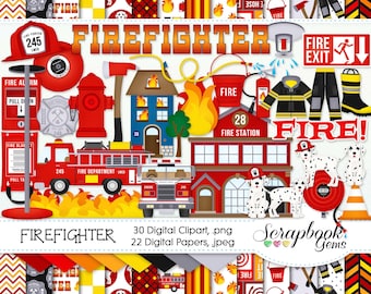 FIREFIGHTER Clipart & Papers Kit, 30 png Clip arts, 22 jpeg Papers Instant Download flame fire station dalmation hydrant hose pole hat truck