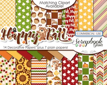 HAPPY FALL Digital Papers, 21 Pieces, 12" x 12", High Quality JPEGs, Instant Download, sunflower, chipmunk, autumn, pumpkin, squirrel, acorn