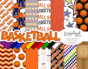 BASKETBALL Digital Papers, 24 Pieces, 12" x 12", High Quality JPEGs Instant Download scoreboard hoop court basket ball net sports