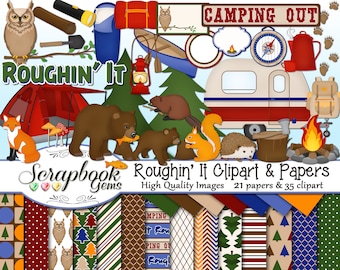 ROUGHIN' IT Camping Clipart & Papers Kit, 35 png Clip arts, 21 jpeg Papers Instant Download trailer fishing hunting mountains travel bears