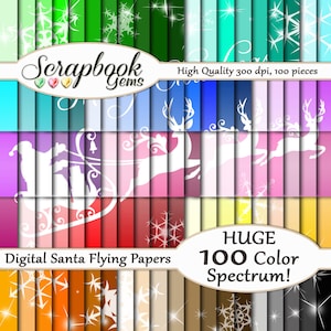 May include: A set of digital scrapbook papers with a festive Christmas theme. The papers display designs such as snowflakes, reindeer, and Santa Claus in a sleigh. The image includes the text "Digital Santa Flying Papers" and "HUGE 100 Color Spectrum!"