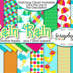 May include: A selection of patterned scrapbook papers with a rain theme. Designs include polka dots, umbrellas, and ducks. The text reads "Rain Rain" and "14 Decorative Papers plus 7 plain papers!" in a playful font.