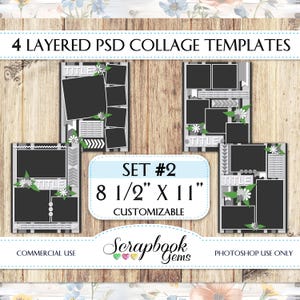 Four 8 1/2" x 11" Digital Scrapbook Layered Photo Templates, PSD Format digiscrap photoshop customizable editable photo collage