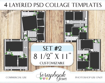 Four 8 1/2" x 11" Digital Scrapbook Layered Photo Templates, PSD Format digiscrap photoshop customizable editable photo collage
