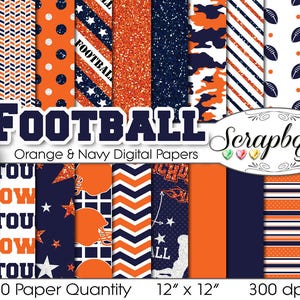 May include: A set of 20 digital scrapbook papers in orange and navy blue with various patterns, including polka dots, stars, stripes, and football-themed designs. The papers are 12 inches by 12 inches and 300 dpi.