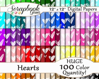 100 Hearts Valentine Digital Paper, 100 Pieces, 12" x 12", 300 dpi High Quality JPEG files, Instant Download