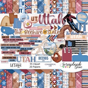 Puede incluir: Un paquete de papel digital para scrapbooking con 20 papeles y 55 imágenes de clipart con temática de Utah. Los papeles presentan una variedad de patrones, incluyendo cuadros, lunares y corazones. Las imágenes de clipart incluyen una colmena, un esqueleto de dinosaurio, un esquiador y un mapa de Utah. El texto "Utah The Beehive State" aparece en el paquete de papel.