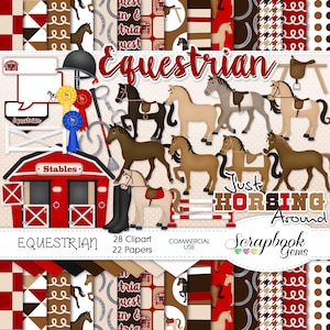 EQUESTRIAN Clipart and Papers Kit, 28 png Clip Arts, 22 jpeg Papers Instant Download horses stable riding horseback first place saddle crop