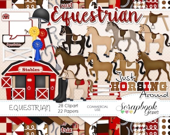 EQUESTRIAN Clipart and Papers Kit, 28 png Clip Arts, 22 jpeg Papers Instant Download horses stable riding horseback first place saddle crop