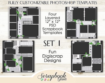 Four 12" x 12" Digital Scrapbook Layered Photo Templates, PSD Format digiscrap photoshop customizable  digiscrap photo collage