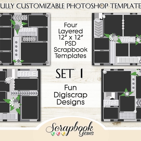 Four 12" x 12" Digital Scrapbook Layered Photo Templates, PSD Format digiscrap photoshop customizable  digiscrap photo collage