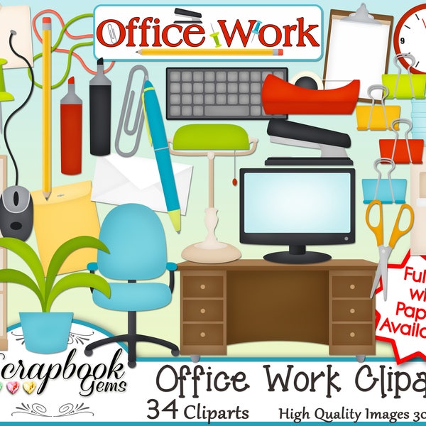 OFFICE WORK Clipart, 34 png Fichiers Clipart Téléchargement instantané ordinateur bande d’écran agrafeuse ciseaux fourniture scolaire horloge bureau classeur