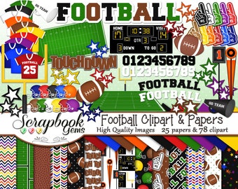 FOOTBALL Clipart and Papers Kit, 78 png Clip Arts, 25 jpeg Papers Instant Download sports goal rugby scoreboard stars fan gridiron touchdown