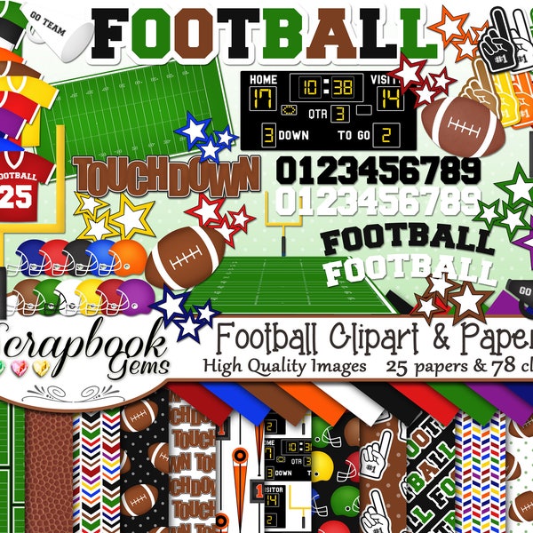 FOOTBALL Clipart and Papers Kit, 78 png Clip Arts, 25 jpeg Papers Instant Download sports goal rugby scoreboard stars fan gridiron touchdown