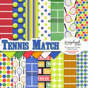 Papiers numériques TENNIS MATCH, 20 pièces, 12 x 12 po, JPEG haute qualité, téléchargement immédiat tennis balle court raquette net sports clip art