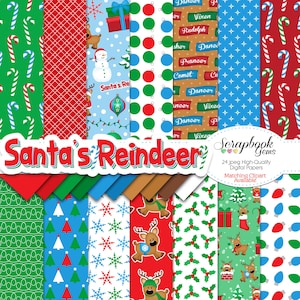SANTA'S REINDEER Digitale Papiere, 24 Stück, 12 "x 12", hochwertige JPEGs, Sofort Download, Weihnachten Rentier Zuckerstange Winter Rudolph