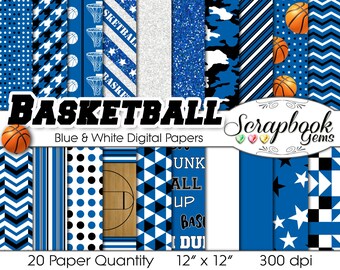Basketball Digital Papers Blue & White, 20 Pieces, 12" x 12", High Quality JPEGs, Instant Download Commercial Use Sports Glitter