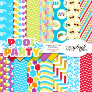 May include: A set of 20 digital papers featuring a variety of colorful patterns, including polka dots, stripes, zigzags, and water droplets. The papers are perfect for scrapbooking, card making, and other crafting projects. The text "POOL PARTY" is featured in a large, colorful font.